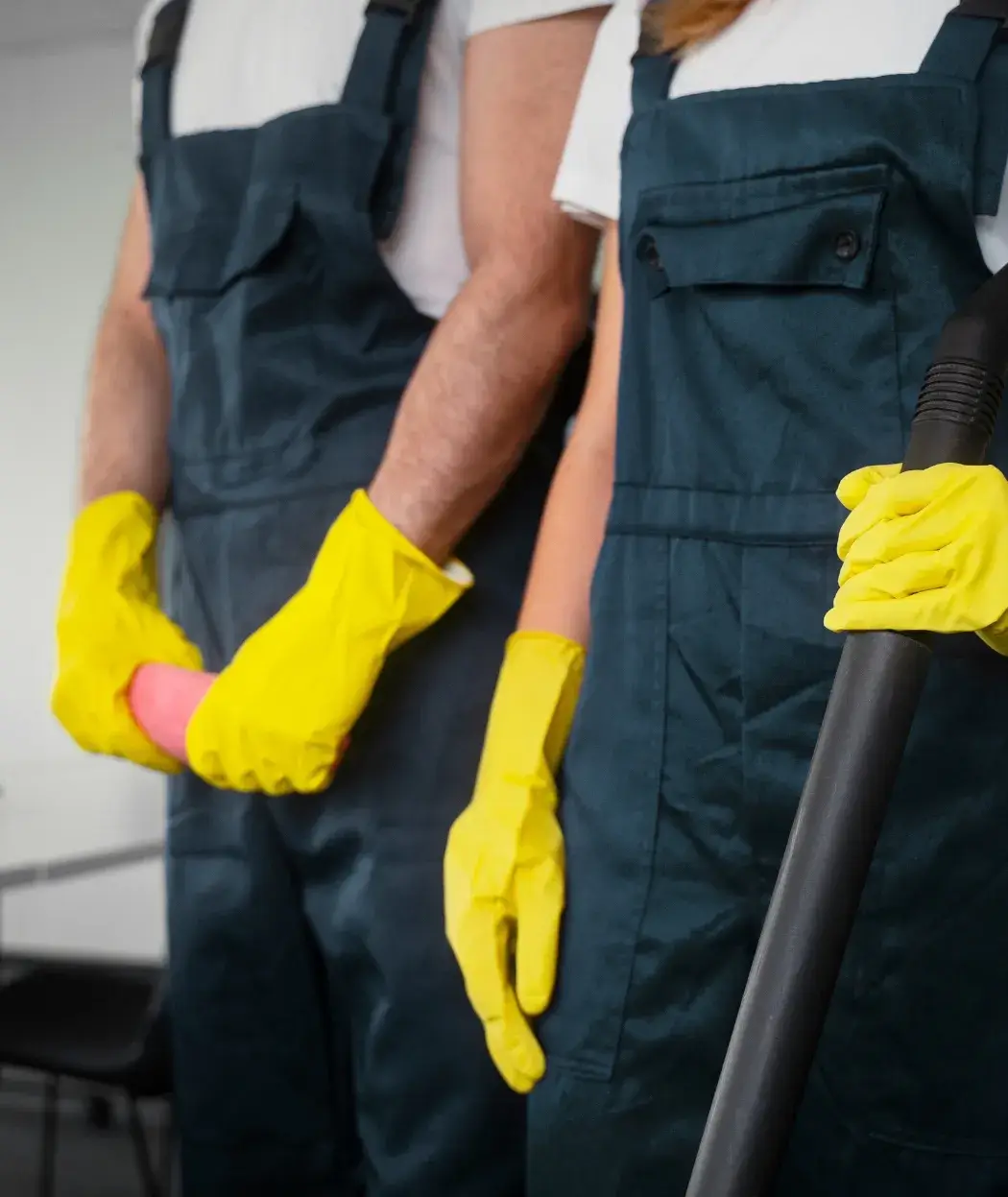 Professional cleaning team in uniform and yellow gloves ready for work in Washington D.C.