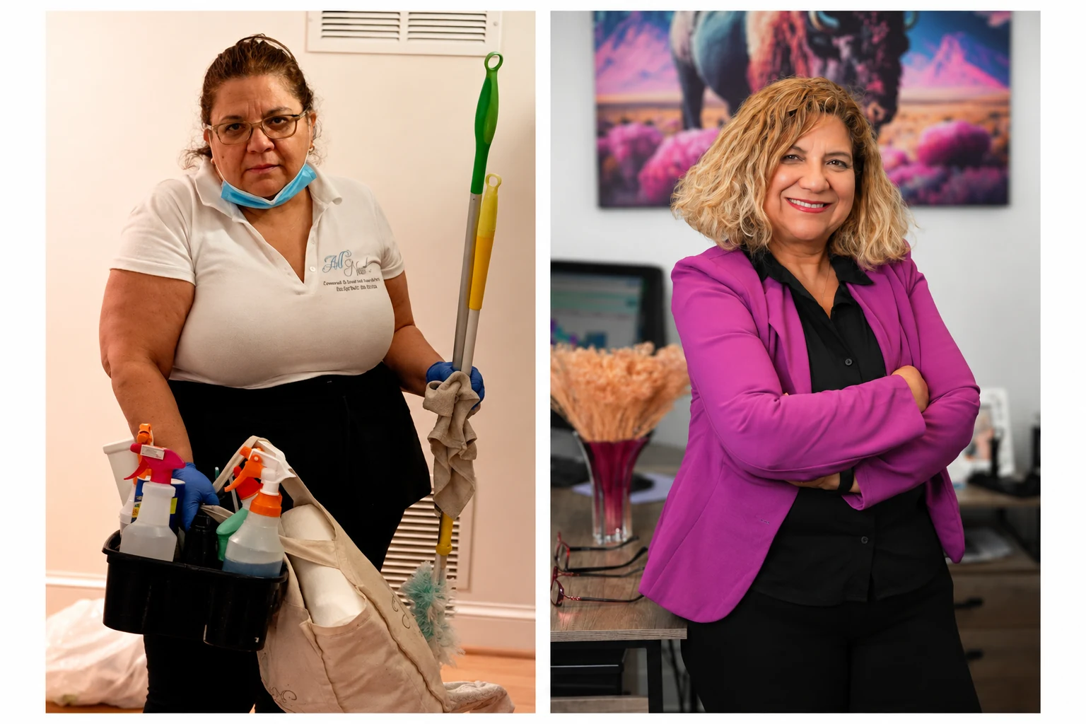 Elisa Robison-Breeden, founder of All Neat, pictured holding cleaning supplies and wearing her purple blazer.