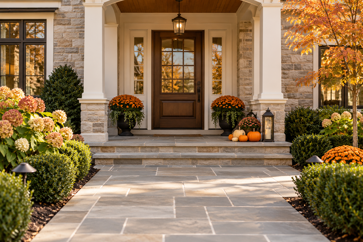 Clean front entryway with pumpkins and subtle Halloween decorations